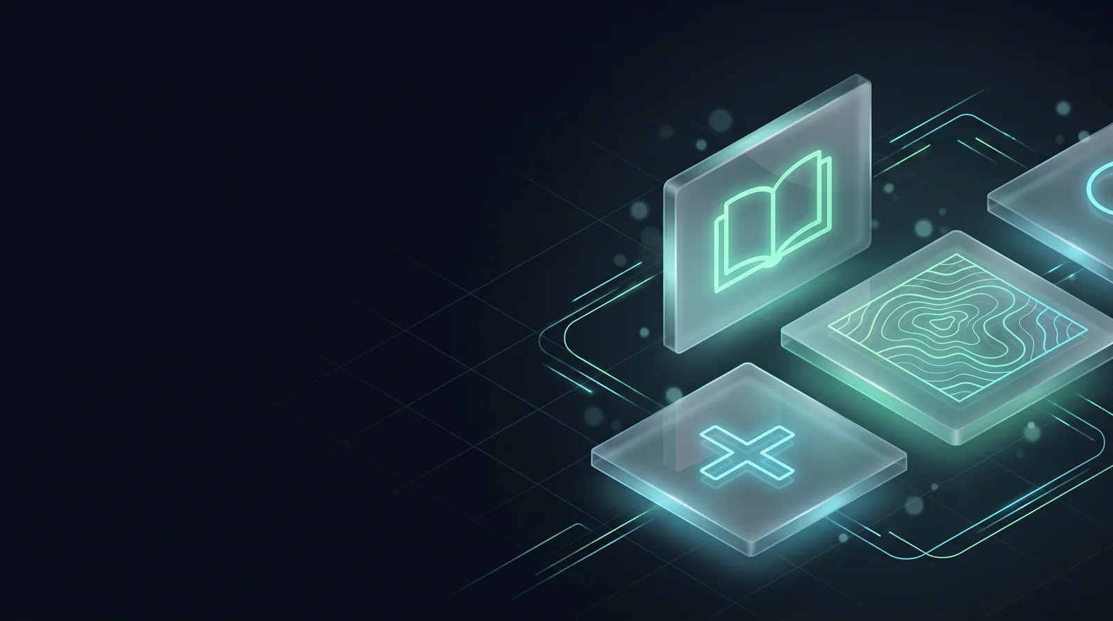 Abstract artwork for LeesSom: glowing glass panels holding an arithmetic symbol, an open book, and a topographic map outline.
