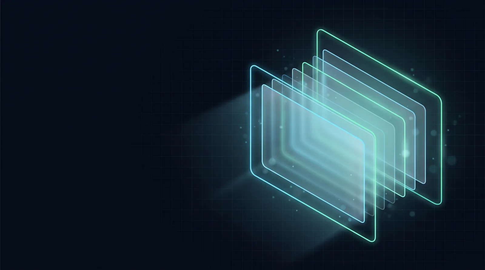 Abstract artwork for Watch More: layered translucent video frames receding into depth, wrapped by a single glowing outline.