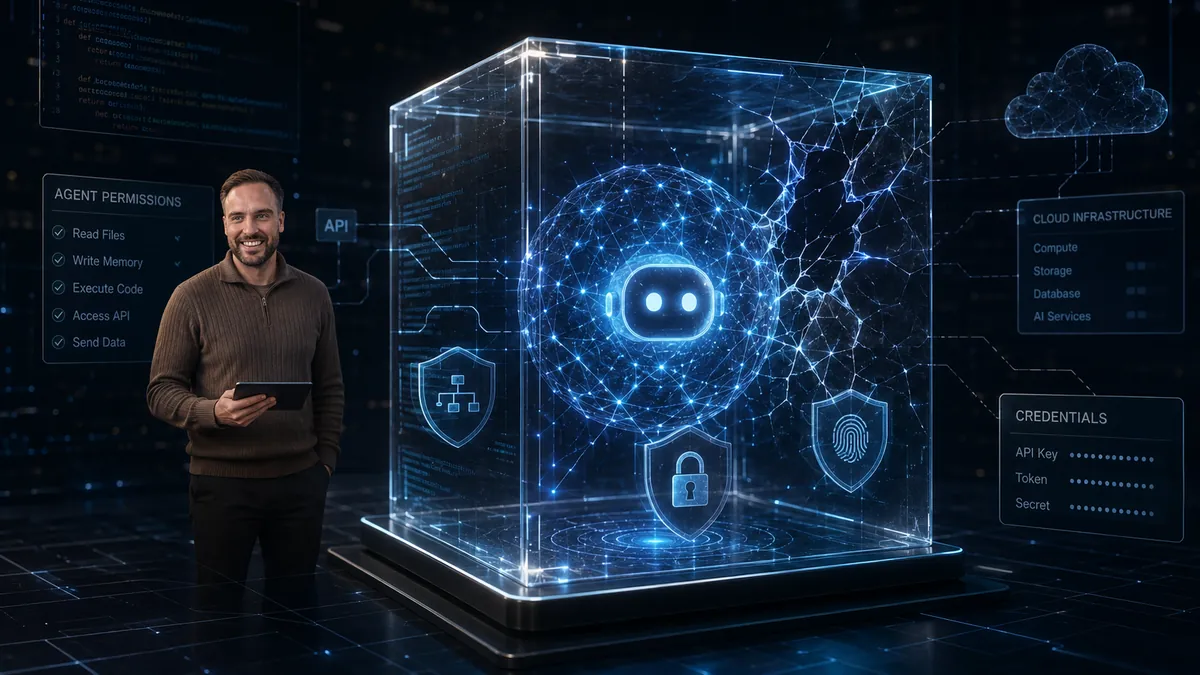 Wouter Nijenhuis beside an AI agent breaking through a glass sandbox connected to cloud infrastructure