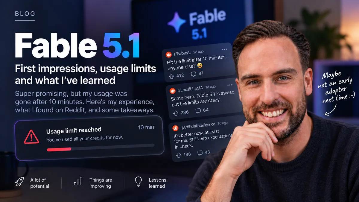 Fable 5.1 first impressions, with a usage limit warning and Reddit threads reporting the same experience