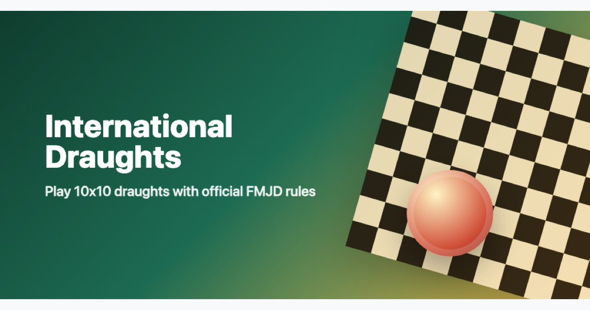International Draughts launch artwork with title and a stylized 10x10 draughts board.