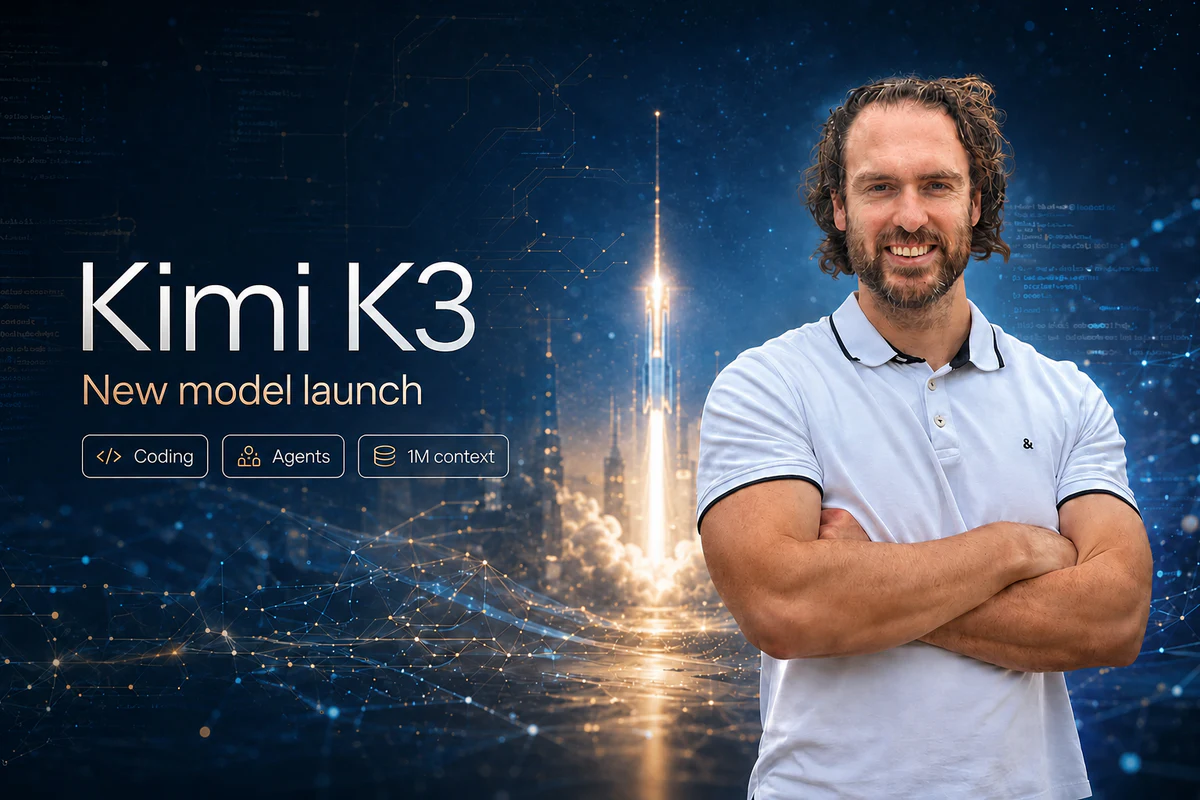 Wouter Nijenhuis alongside Kimi K3 launch artwork representing coding agents and a one-million-token context window