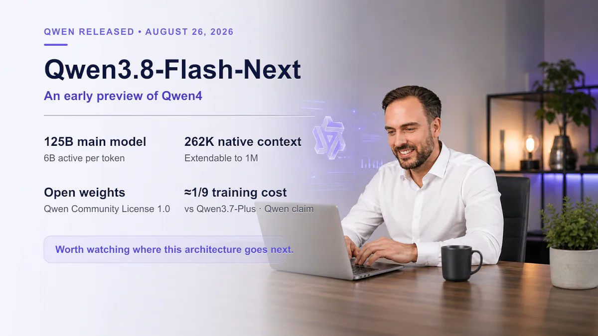 Qwen3.8-Flash-Next architecture preview with 125B main-model parameters, 6B active per token, open weights, and extended million-token context