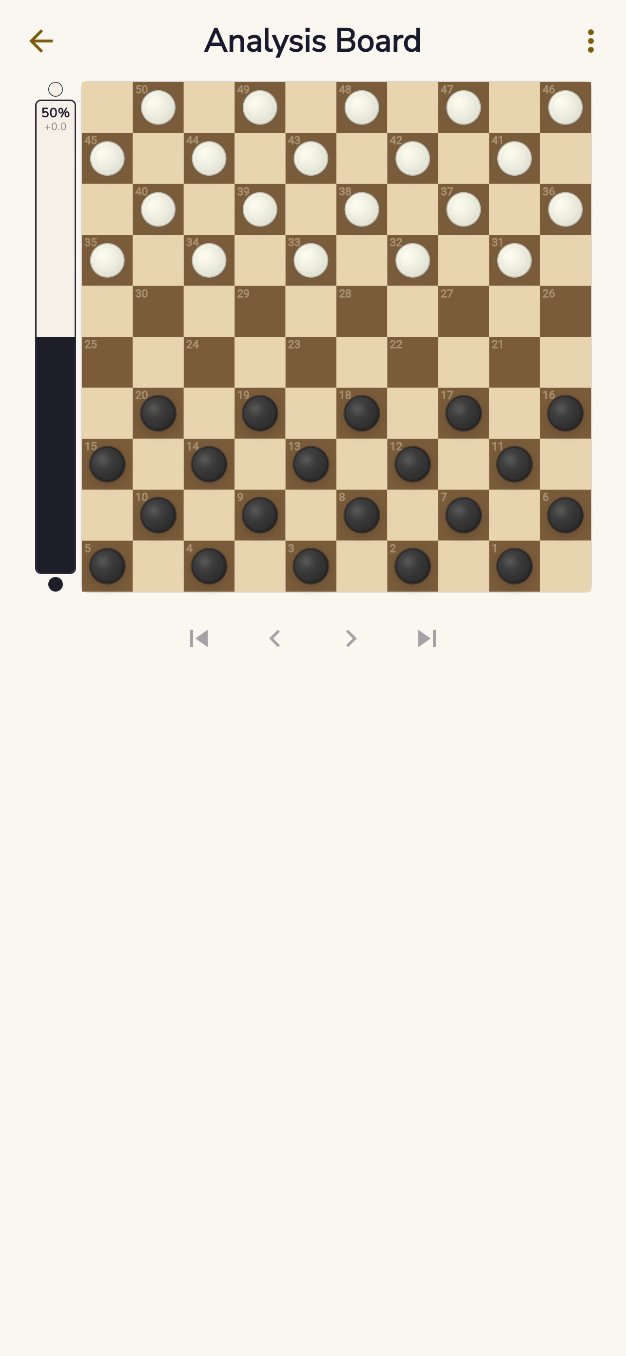 International Draughts analysis board with evaluation bar and replay controls.
