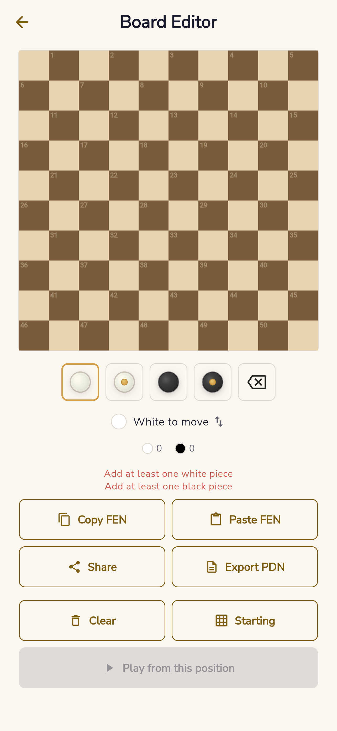 International Draughts board editor with custom position tooling, FEN actions, and validation messages.