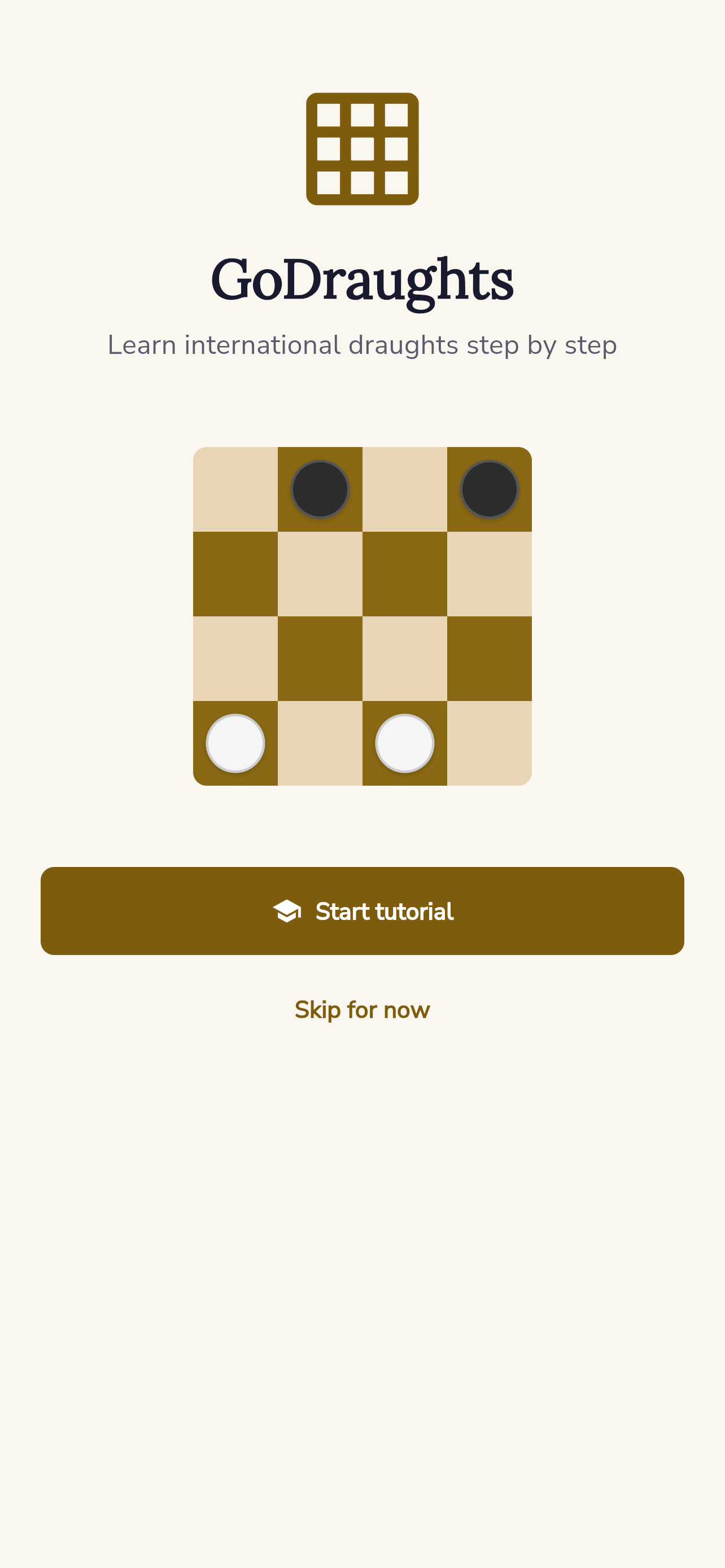International Draughts home screen with lessons, play modes, and social navigation.