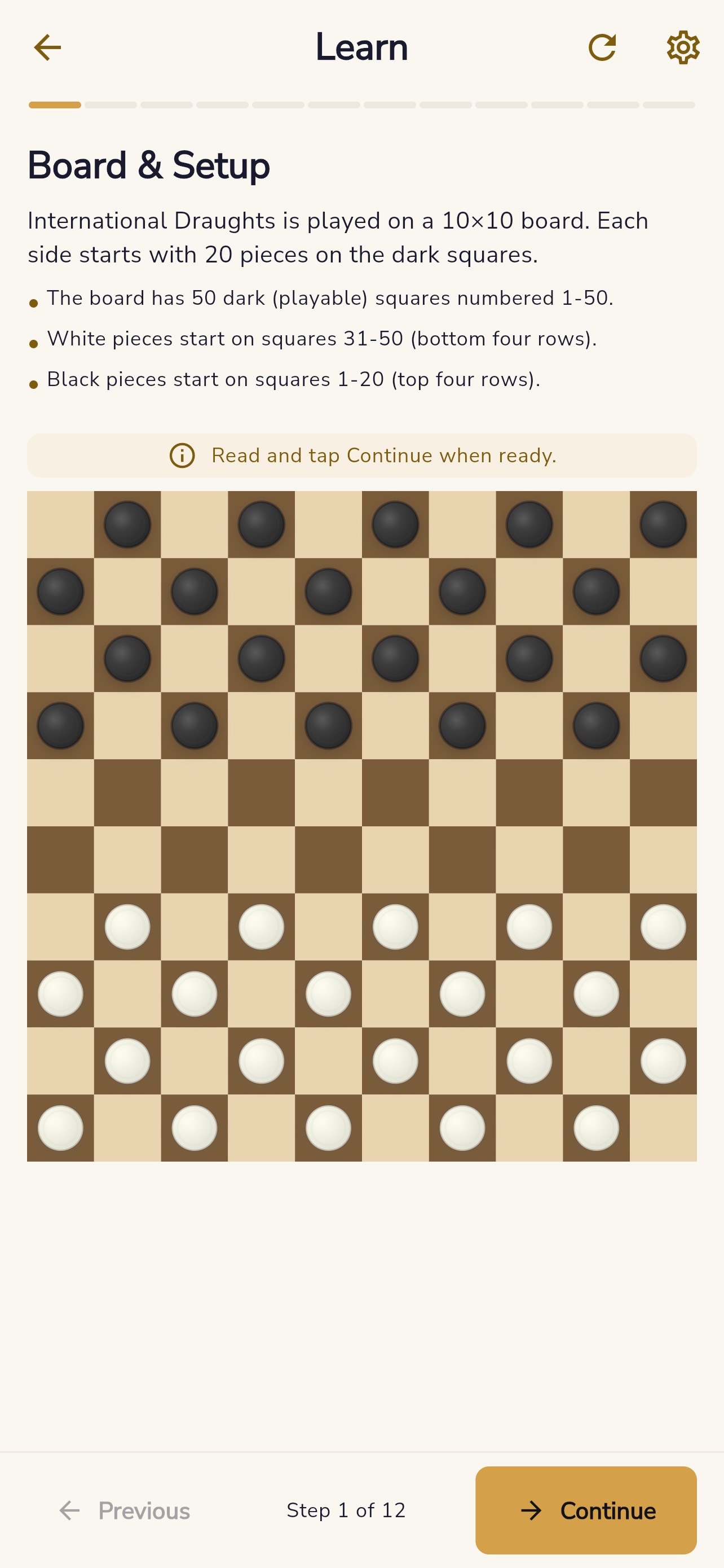 International Draughts learn screen showing tutorial content and a board example.