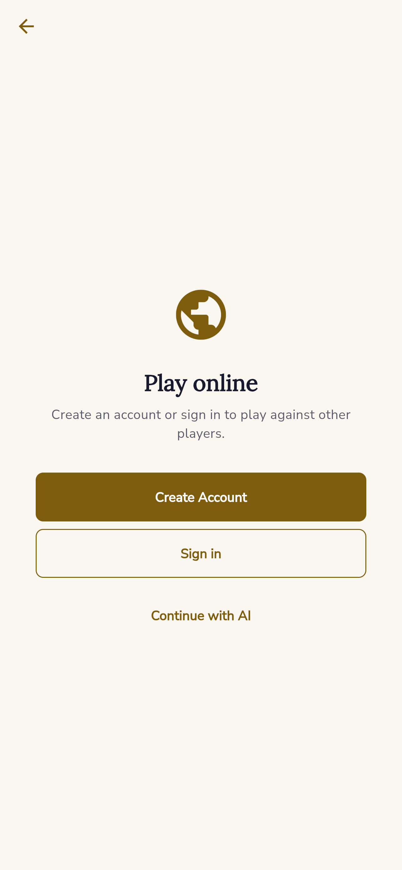 International Draughts online play screen prompting account creation, sign-in, or continuing with AI.