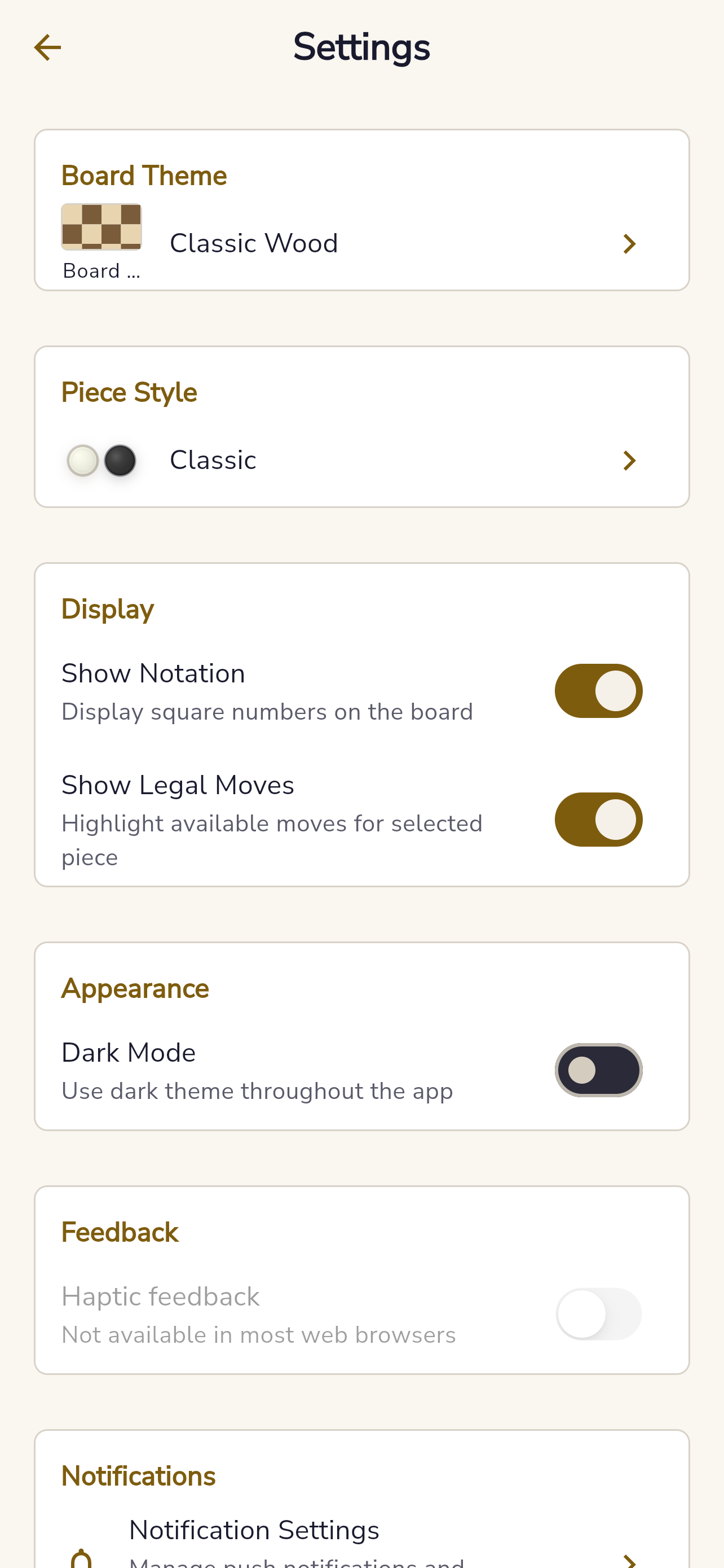 International Draughts settings screen with board theme, piece style, notation, and legal moves options.
